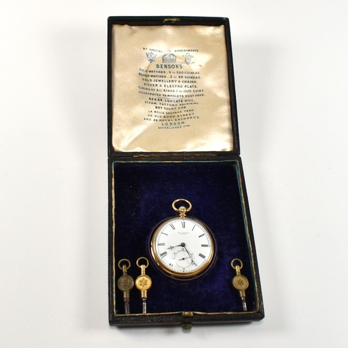 3 - A Victorian hallmarked 18ct gold open faced key wind pocket watch, the 48mm enamel dial signed 'T F ... 