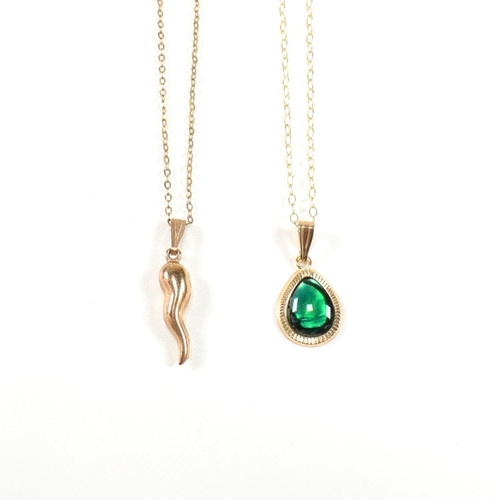 311 - A 9ct gold and green stone necklace and earring suite together with a hallmarked 9ct gold horn of pl... 