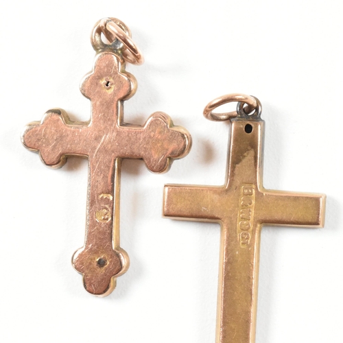 315 - Two 9ct gold cross necklace pendants. The lot to include two 9ct gold cross pendants both with folia... 