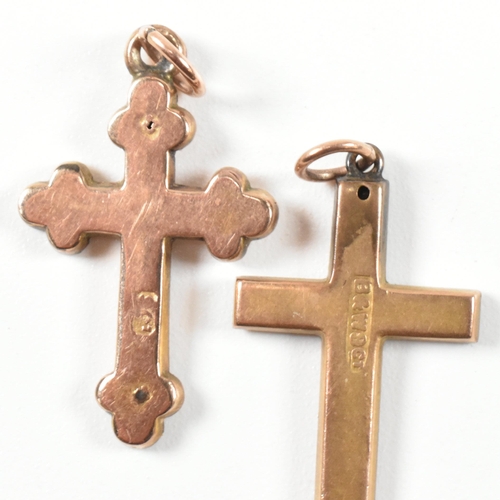 315 - Two 9ct gold cross necklace pendants. The lot to include two 9ct gold cross pendants both with folia... 