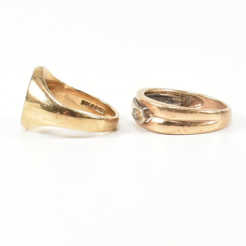 325 - A hallmarked 9ct gold and diamond band ring and a hallmarked 9ct gold signet ring. The rings to incl... 