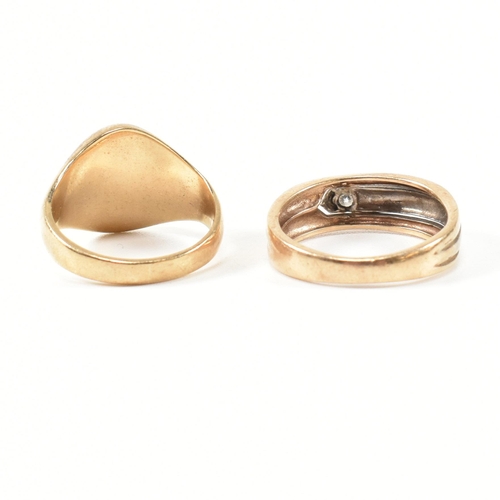 325 - A hallmarked 9ct gold and diamond band ring and a hallmarked 9ct gold signet ring. The rings to incl... 