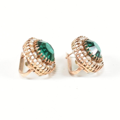 364 - A pair of 14ct gold, pearl and green paste earrings. The drop earrings having a central round cut gr... 