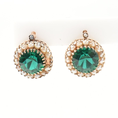 364 - A pair of 14ct gold, pearl and green paste earrings. The drop earrings having a central round cut gr... 