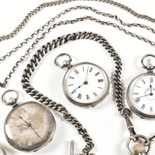 373 - Five silver and white metal pocket watches. The watches to include a hallmarked Swiss silver open fa... 