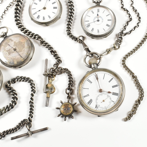 373 - Five silver and white metal pocket watches. The watches to include a hallmarked Swiss silver open fa... 