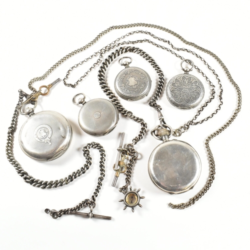 373 - Five silver and white metal pocket watches. The watches to include a hallmarked Swiss silver open fa... 