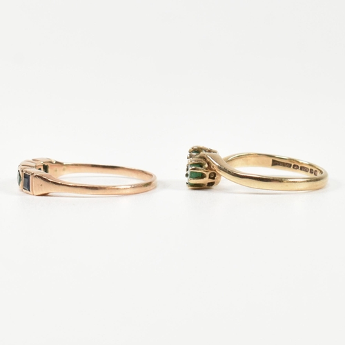 385 - A hallmarked 9ct gold and emerald ring and a rose gold, emerald and sapphire ring. The rings to incl... 