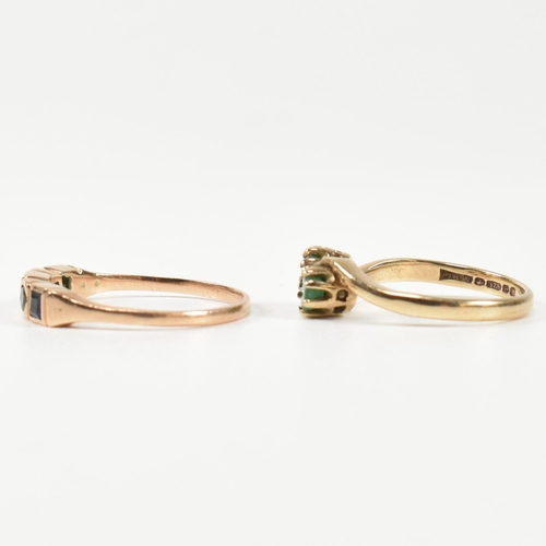 385 - A hallmarked 9ct gold and emerald ring and a rose gold, emerald and sapphire ring. The rings to incl... 