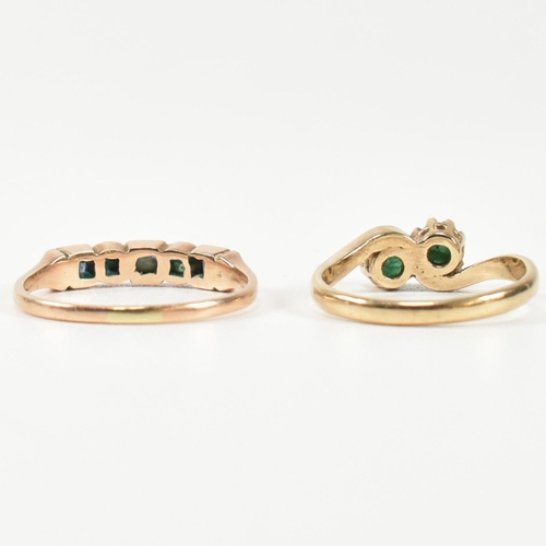 385 - A hallmarked 9ct gold and emerald ring and a rose gold, emerald and sapphire ring. The rings to incl... 