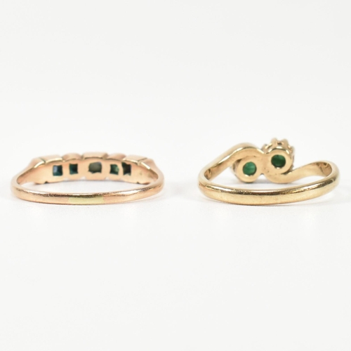 385 - A hallmarked 9ct gold and emerald ring and a rose gold, emerald and sapphire ring. The rings to incl... 