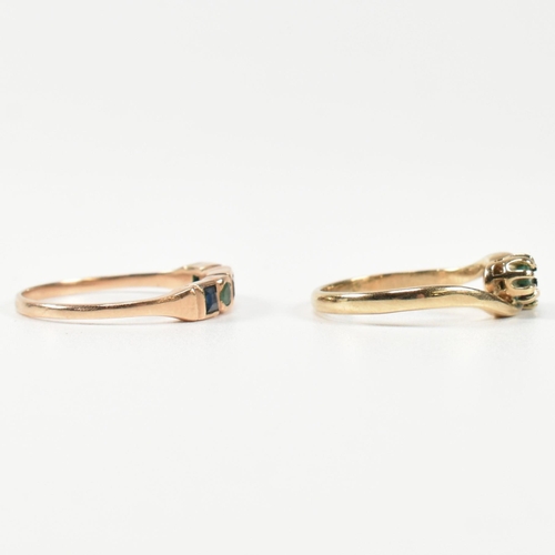 385 - A hallmarked 9ct gold and emerald ring and a rose gold, emerald and sapphire ring. The rings to incl... 