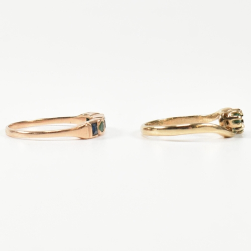 385 - A hallmarked 9ct gold and emerald ring and a rose gold, emerald and sapphire ring. The rings to incl... 