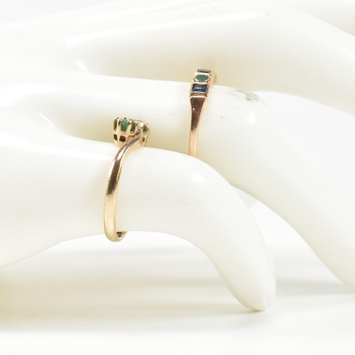 385 - A hallmarked 9ct gold and emerald ring and a rose gold, emerald and sapphire ring. The rings to incl... 