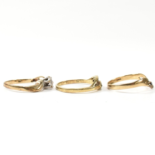 389 - Three 9ct gold, sapphire and diamond rings. The rings to include a hallmarked 9ct gold and diamond c... 