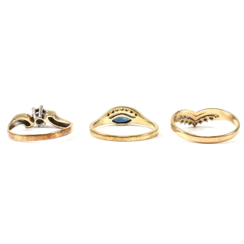 389 - Three 9ct gold, sapphire and diamond rings. The rings to include a hallmarked 9ct gold and diamond c... 