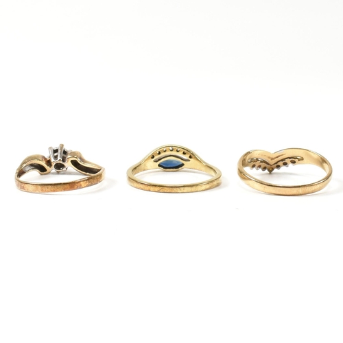 389 - Three 9ct gold, sapphire and diamond rings. The rings to include a hallmarked 9ct gold and diamond c... 