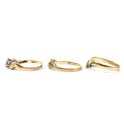 389 - Three 9ct gold, sapphire and diamond rings. The rings to include a hallmarked 9ct gold and diamond c... 