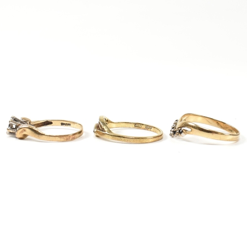 389 - Three 9ct gold, sapphire and diamond rings. The rings to include a hallmarked 9ct gold and diamond c... 