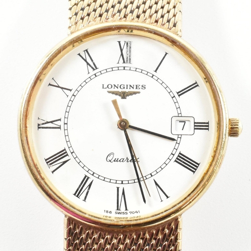 39 - A hallmarked Longines quartz watch. The watch having a white dial having black Roman numerals, date ... 