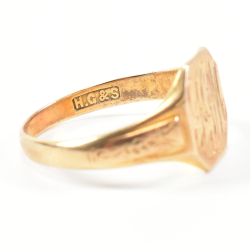 393 - A hallmarked 9ct gold engraved signet ring. The signet ring having an octagonal head engraved with t... 