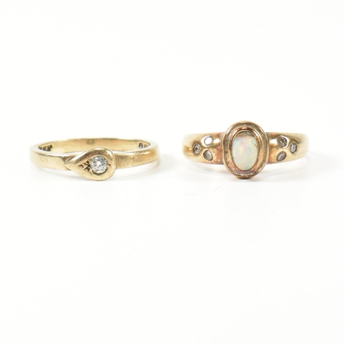 395 - Two hallmarked 9ct gold, diamond and opal rings. The rings to include a hallmarked 9ct gold ring hav... 