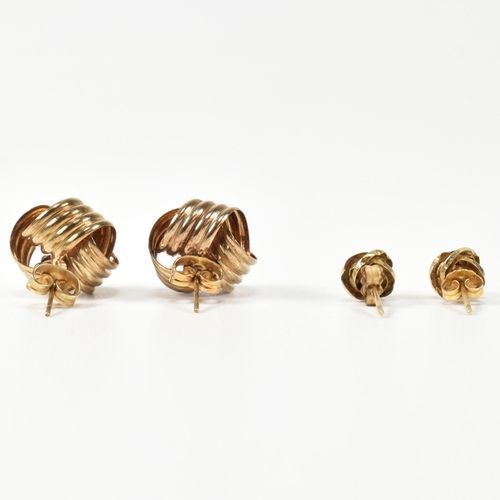 399 - Two pairs of 9ct gold knot earrings. The earrings to include a pair 9ct gold knot earrings with stra... 