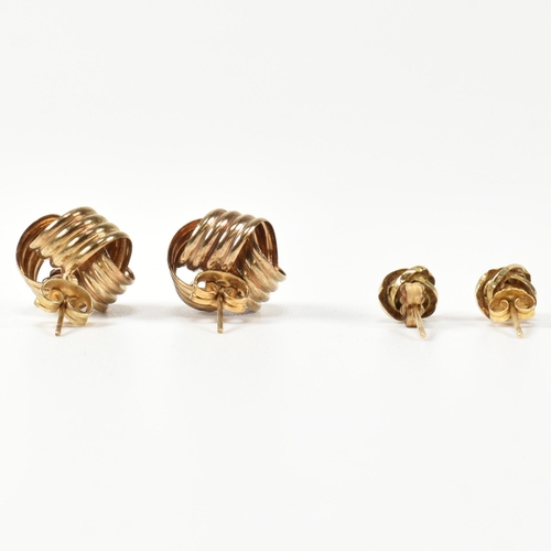 399 - Two pairs of 9ct gold knot earrings. The earrings to include a pair 9ct gold knot earrings with stra... 