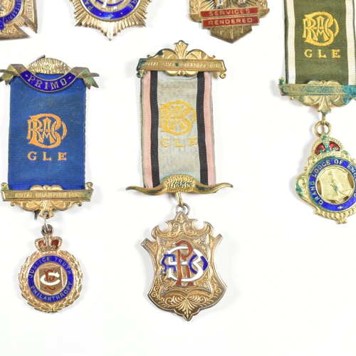 402 - A collection of hallmarked silver and metal masonic medals. The medals to include silver gilt GLE me... 