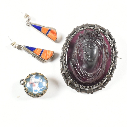 416 - A signed Navajo silver and gem set necklace and earring suite together with a carved paste cameo and... 