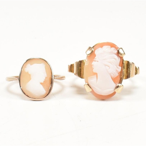 452 - Two 9ct gold shell cameo rings. The rings set with carved shell cameo busts. Both marked 9ct. Sizes ... 