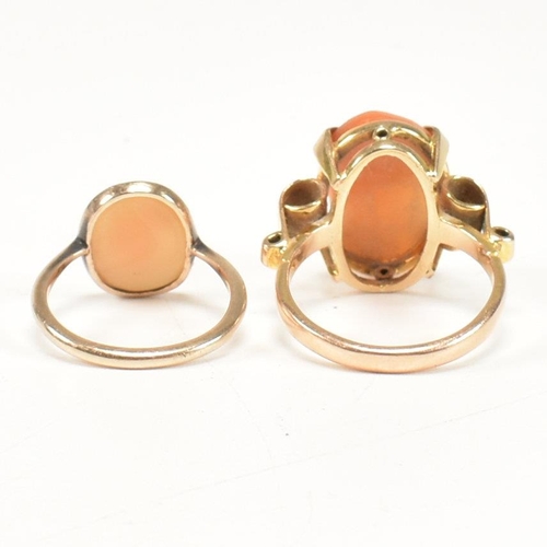 452 - Two 9ct gold shell cameo rings. The rings set with carved shell cameo busts. Both marked 9ct. Sizes ... 