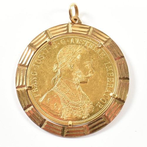 5 - An 18ct gold mounted Austrian 1915 Gold Austrian 4 Ducat coin restrike pendant. The Austrian coin mo... 