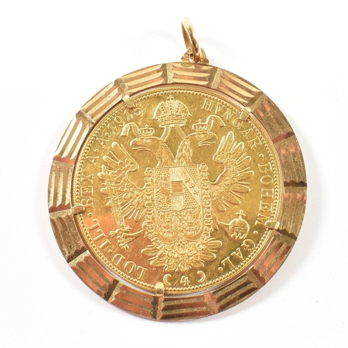 5 - An 18ct gold mounted Austrian 1915 Gold Austrian 4 Ducat coin restrike pendant. The Austrian coin mo... 