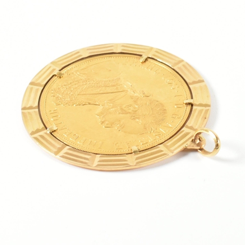 5 - An 18ct gold mounted Austrian 1915 Gold Austrian 4 Ducat coin restrike pendant. The Austrian coin mo... 