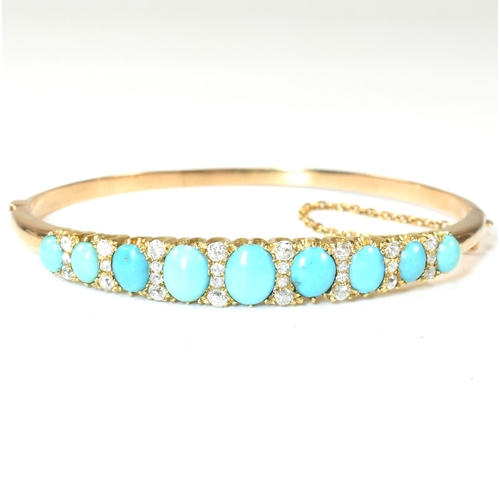 8 - A late Victorian gold, turquoise and diamond hinged bangle. The gold hinged bangle set with nine gra... 