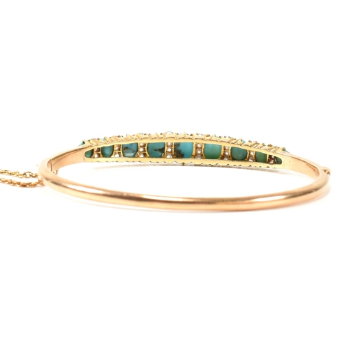 8 - A late Victorian gold, turquoise and diamond hinged bangle. The gold hinged bangle set with nine gra... 