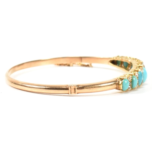 8 - A late Victorian gold, turquoise and diamond hinged bangle. The gold hinged bangle set with nine gra... 