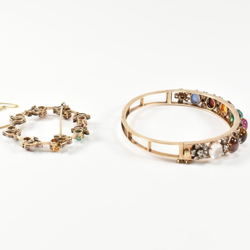 81 - An 18ct gold and gem set hinged bracelet and matching brooch pin. The 18ct gold bracelet set with ei... 