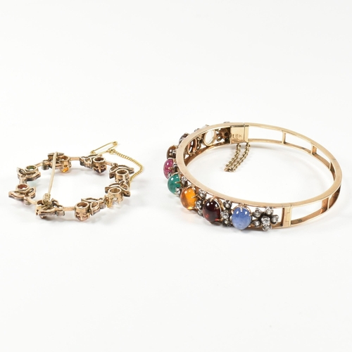 81 - An 18ct gold and gem set hinged bracelet and matching brooch pin. The 18ct gold bracelet set with ei... 