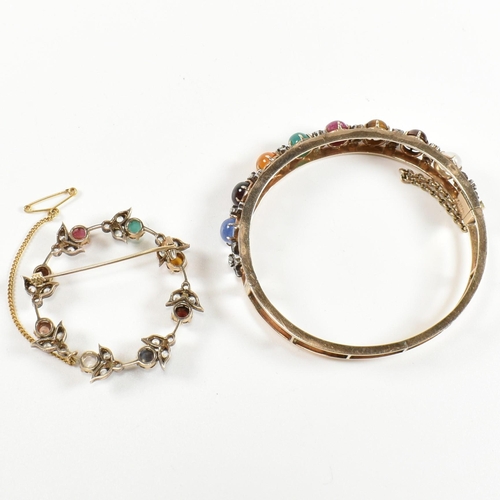 81 - An 18ct gold and gem set hinged bracelet and matching brooch pin. The 18ct gold bracelet set with ei... 