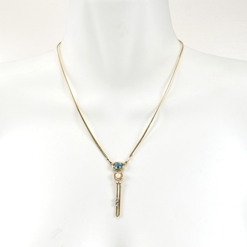 89 - A 14ct gold, topaz, diamond and cultured pearl pendant necklace and earring suite. The 14ct gold nec... 