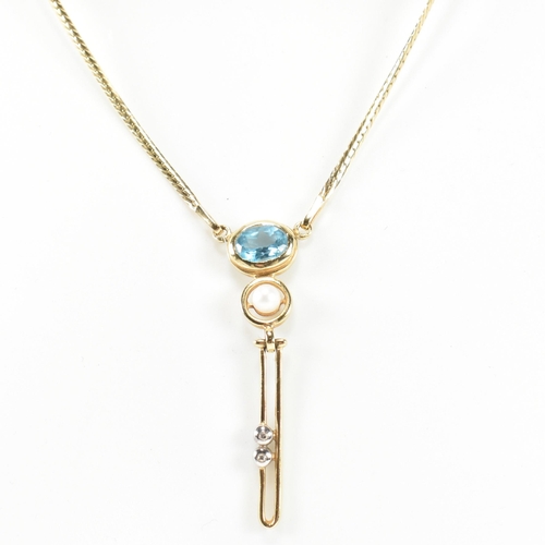 89 - A 14ct gold, topaz, diamond and cultured pearl pendant necklace and earring suite. The 14ct gold nec... 