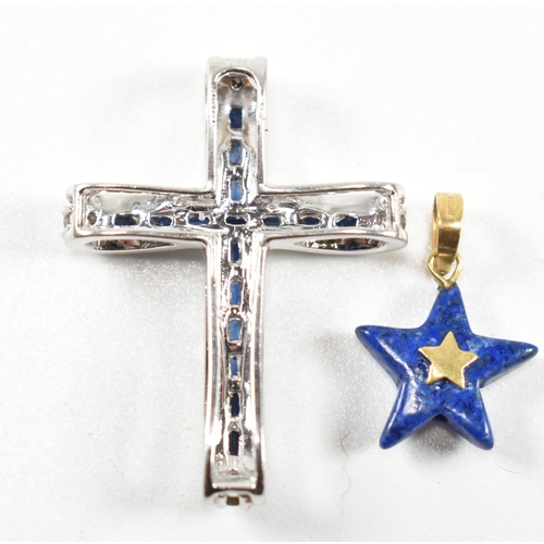 30A - A hallmarked18ct gold sapphire and diamond cross necklace pendant together with a star lapis lazuli ... 