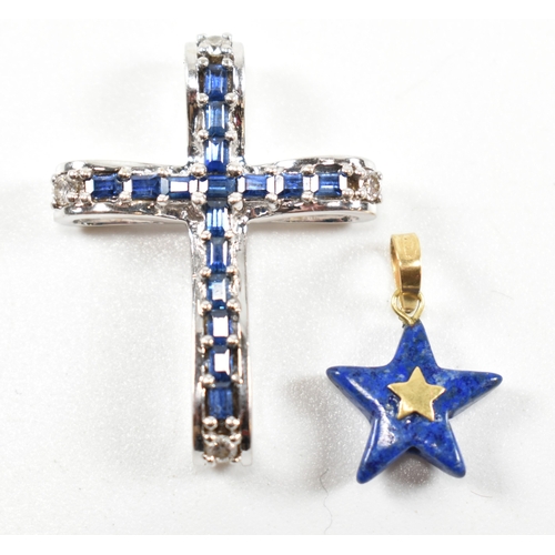 30A - A hallmarked18ct gold sapphire and diamond cross necklace pendant together with a star lapis lazuli ... 