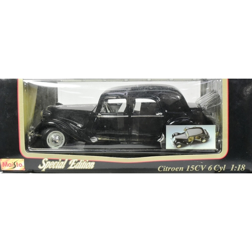 394 - Diecast - a collection of x4 boxed 1/18 scale diecast model cars to include; Maisto Citroen 15CV, Bb... 