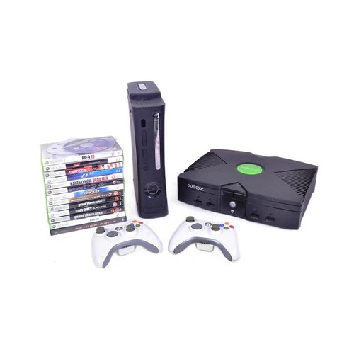 447 - Gaming - Two Microsoft Xbox video gaming consoles comprising the original Xbox and Xbox 360 along wi... 