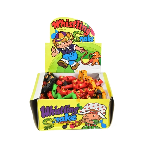 469 - Jolly Roger - a vintage counter-top display box of ' Whistling Snake ' toys by Jolly Roger. Plastic ... 