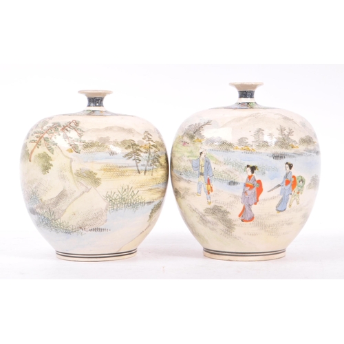 160 - Pair of Japanese 19th century bulbous single stem vases. Each with scenes of countryside and Geisha ... 