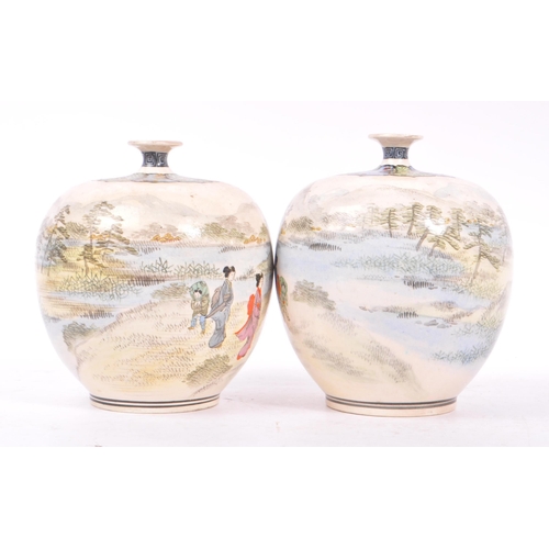 160 - Pair of Japanese 19th century bulbous single stem vases. Each with scenes of countryside and Geisha ... 